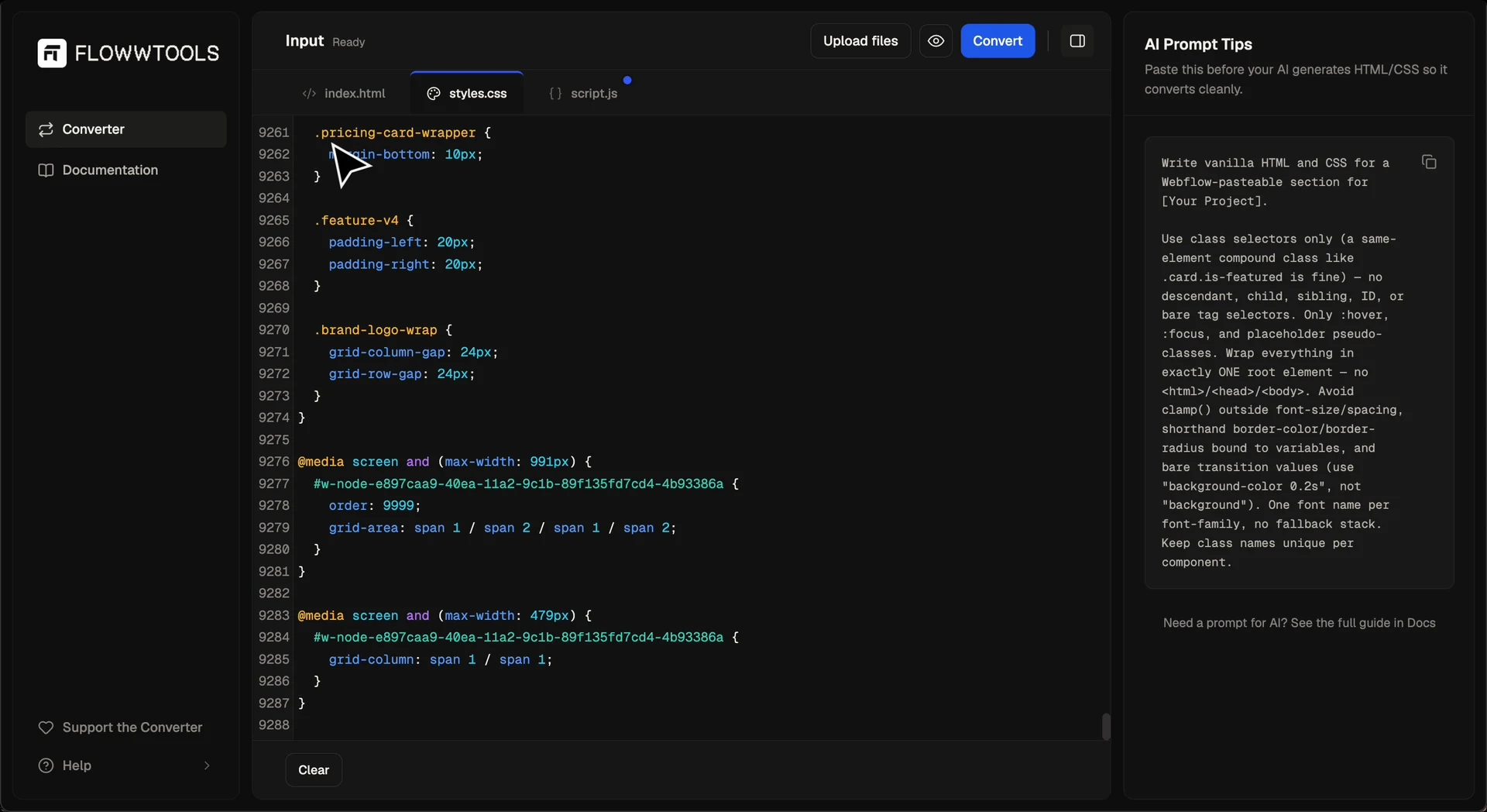 The converter with CSS pasted into the styles.css editor, the index.html and script.js tabs beside it and Convert ready in the toolbar.