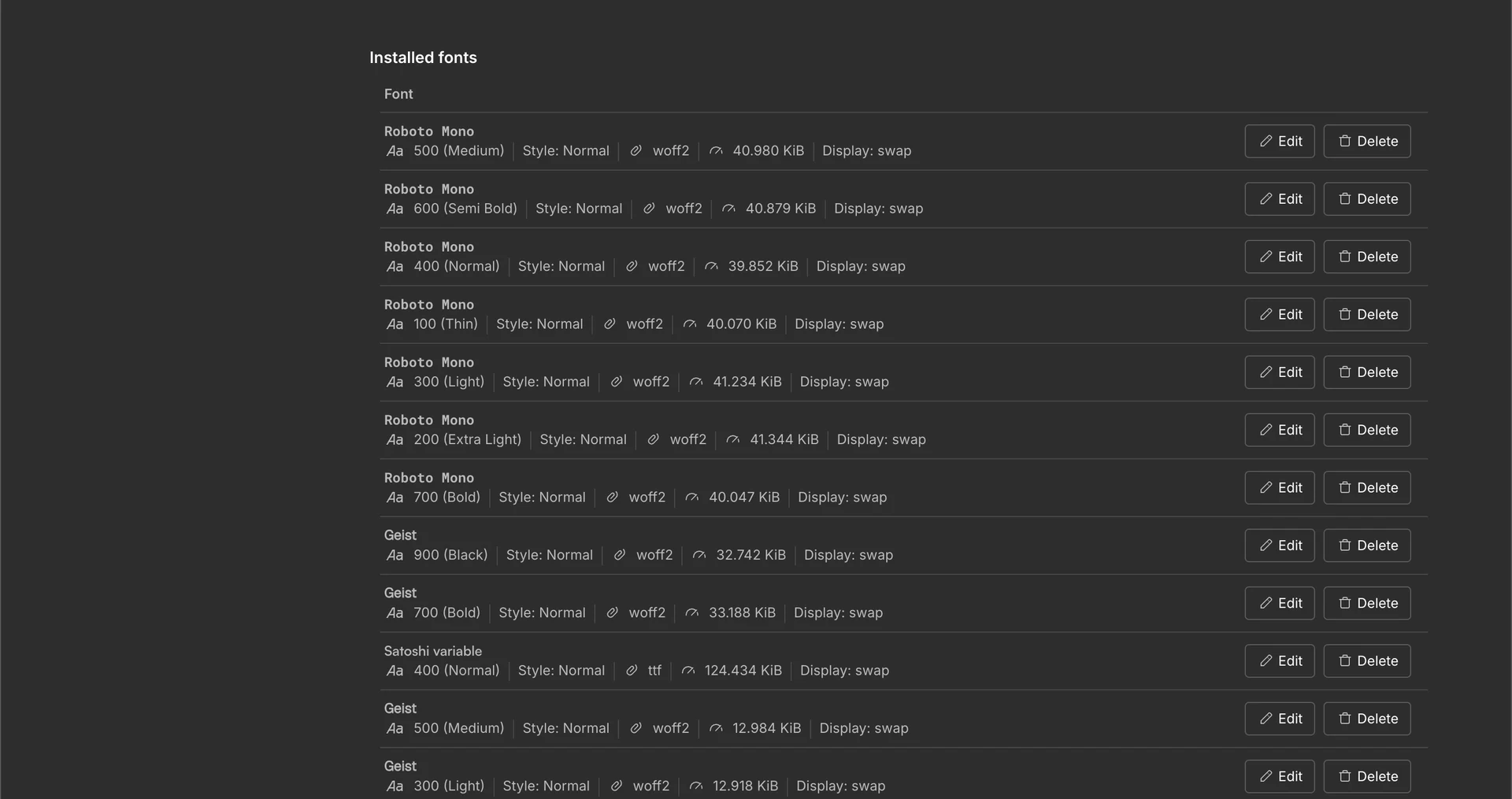 Webflow's Installed fonts panel listing uploaded font families with their weight, style, file format and size.