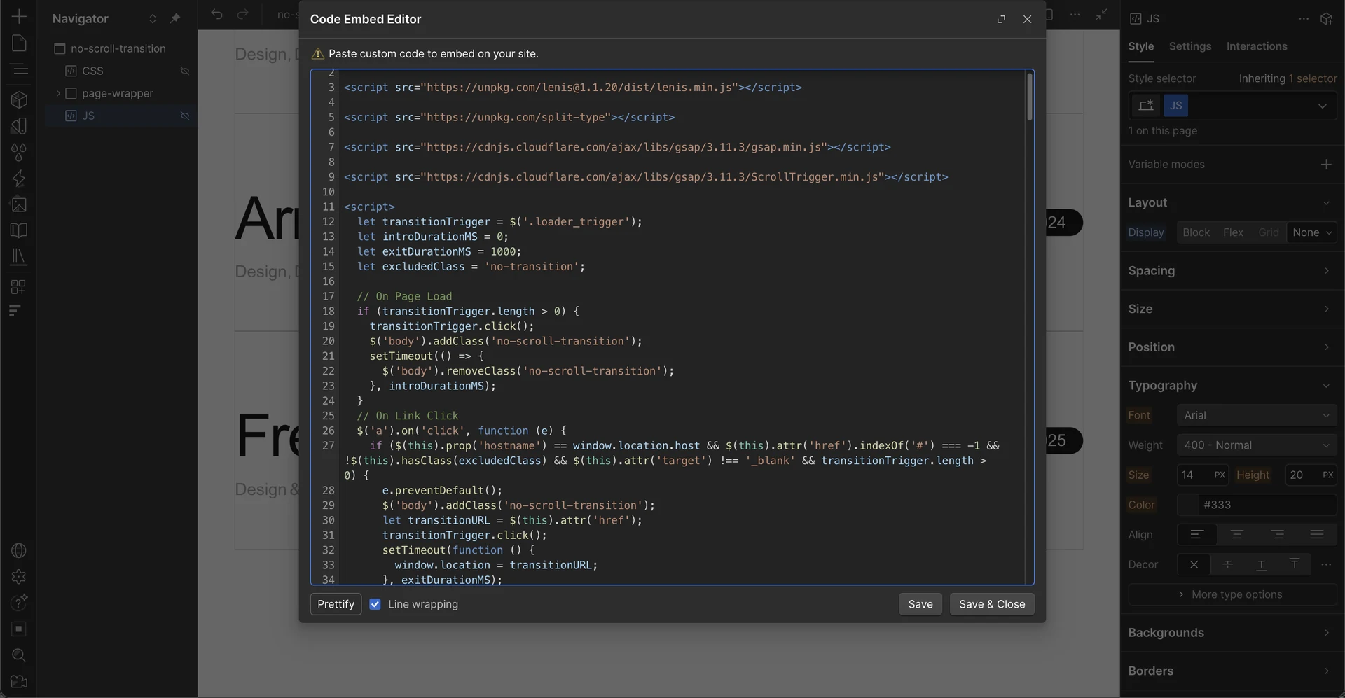 Webflow's Code Embed Editor open on the converted page, holding the original script tags and JavaScript, with a JS element listed in the Navigator.