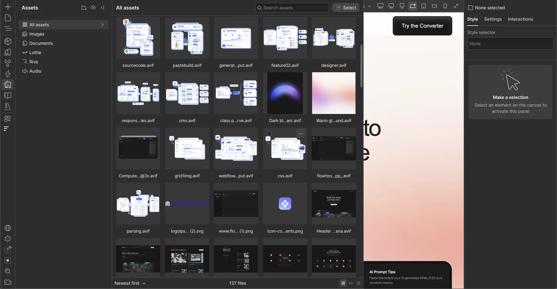 Webflow's Assets panel listing the image files uploaded to the project.