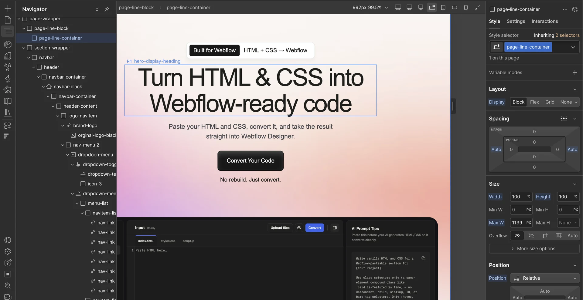 Webflow Designer with a pasted element selected: the Navigator lists the nested element tree and the Style panel shows its class, inherited selectors and editable layout, spacing and size values.