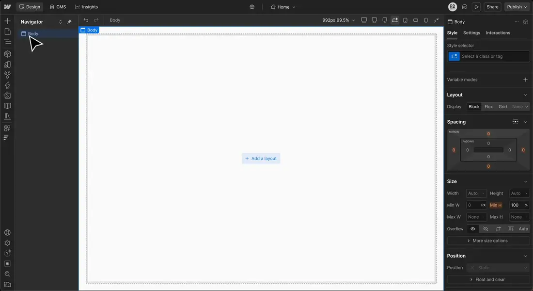 Webflow Designer after pasting: the Navigator shows a nested element tree, the Style panel shows the converted classes and the page renders on the canvas.