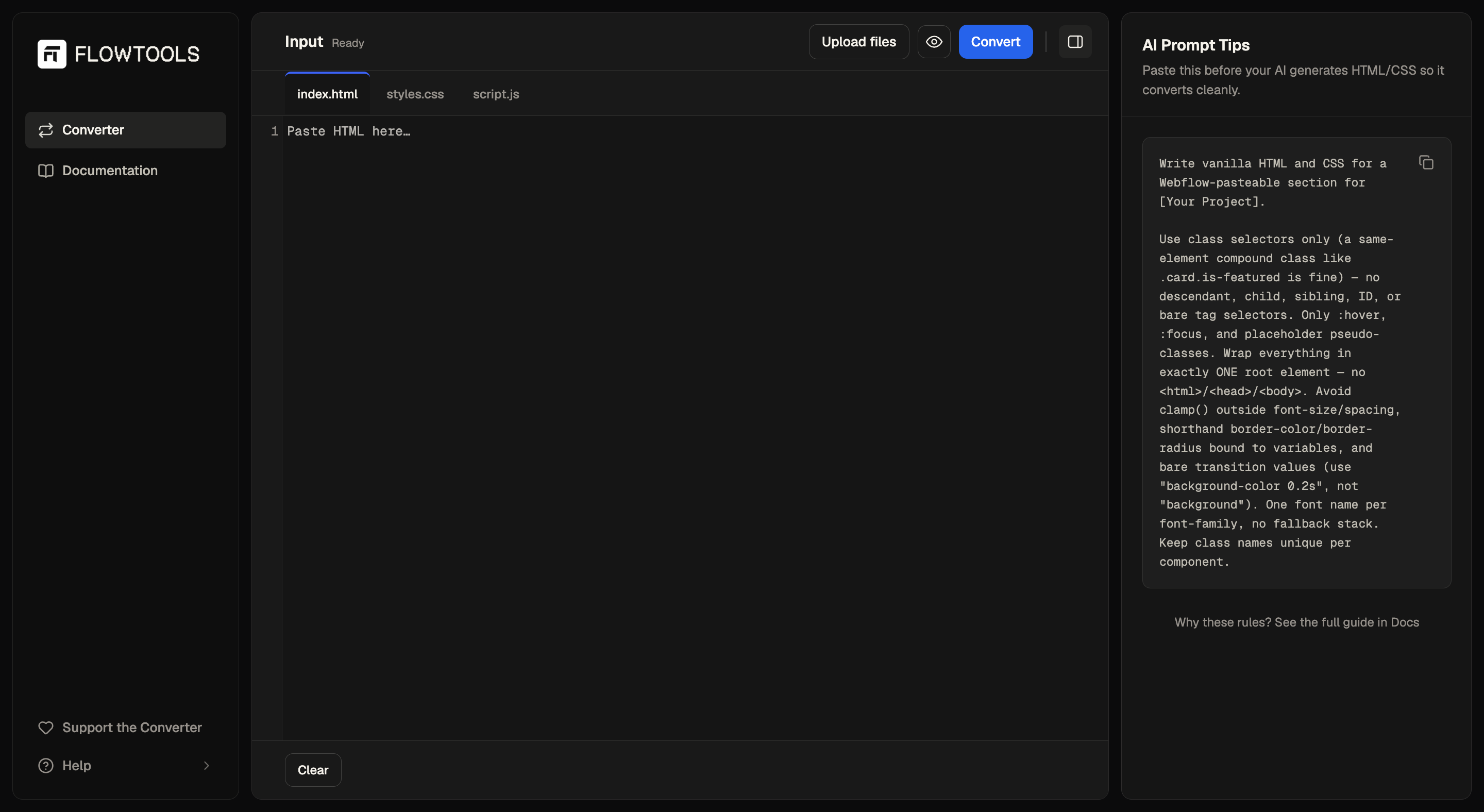 Flowtools Code Converter — HTML input on the left, Webflow-ready output on the right