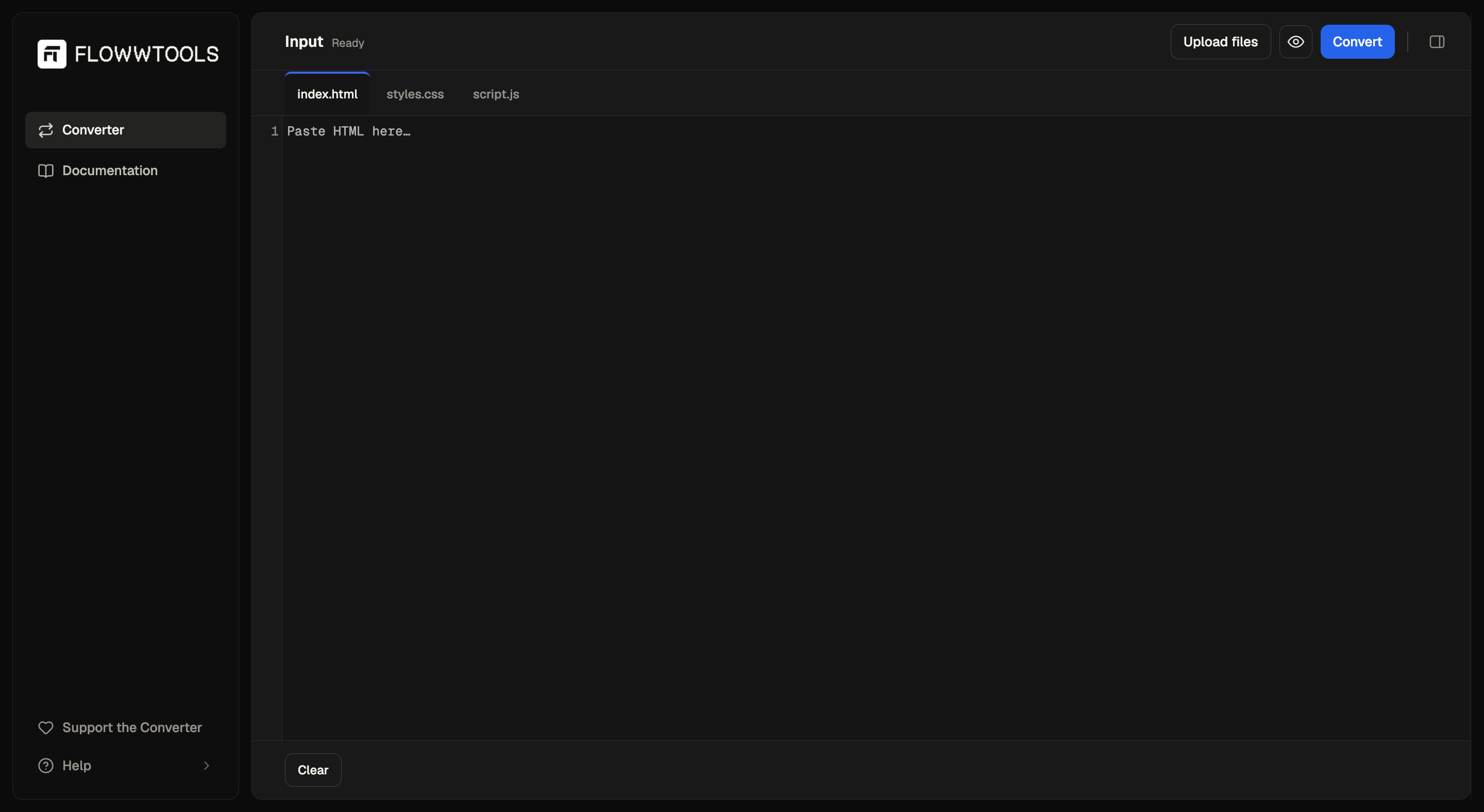 Flowwtools Code Converter — HTML input on the left, Webflow-ready output on the right